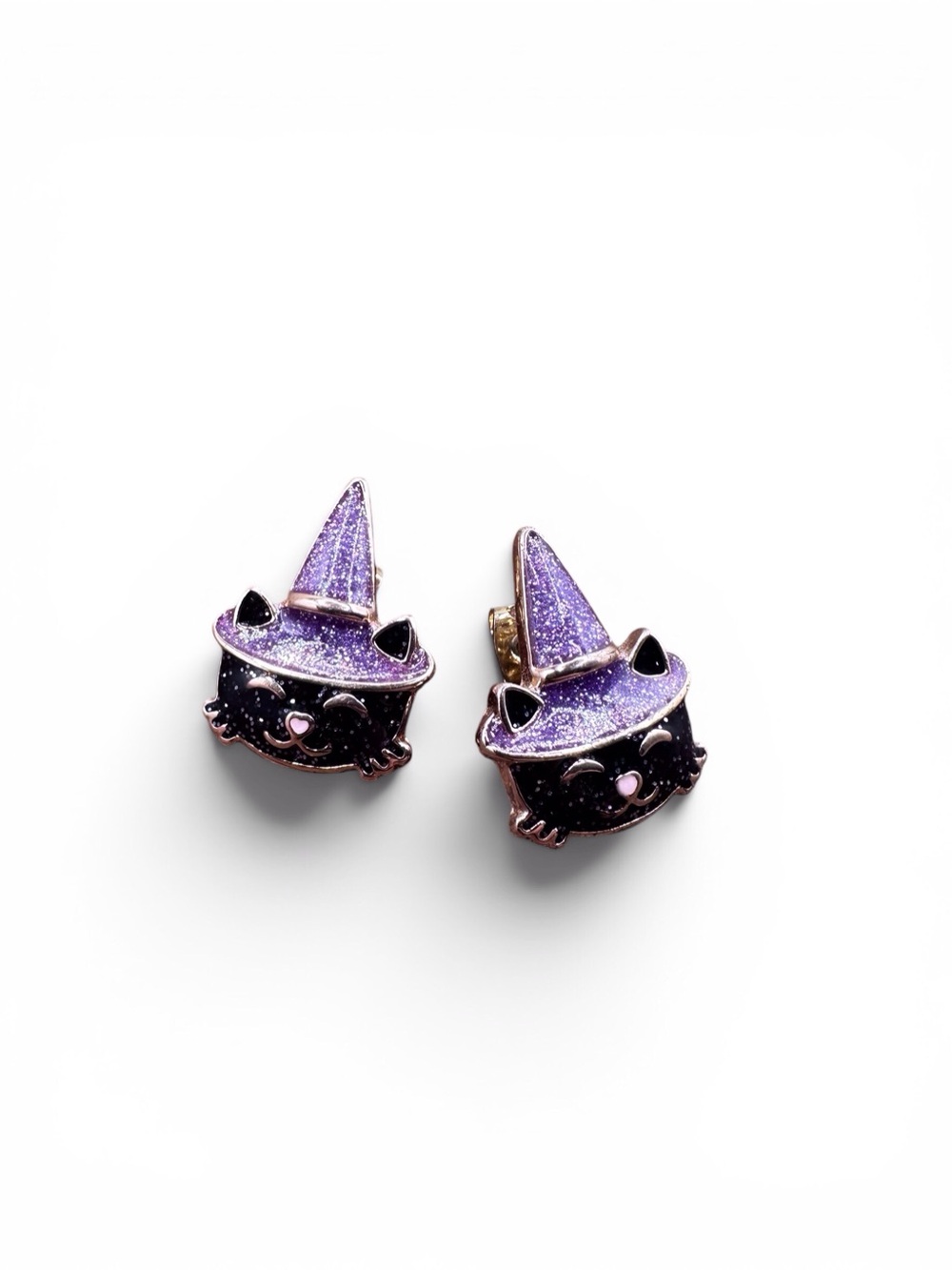 Sparkle Witch Cat Stud Earrings for Kids - Purple & Black